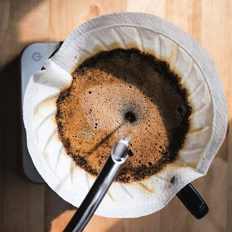 Coffee brewing through a paper filter into a glass server