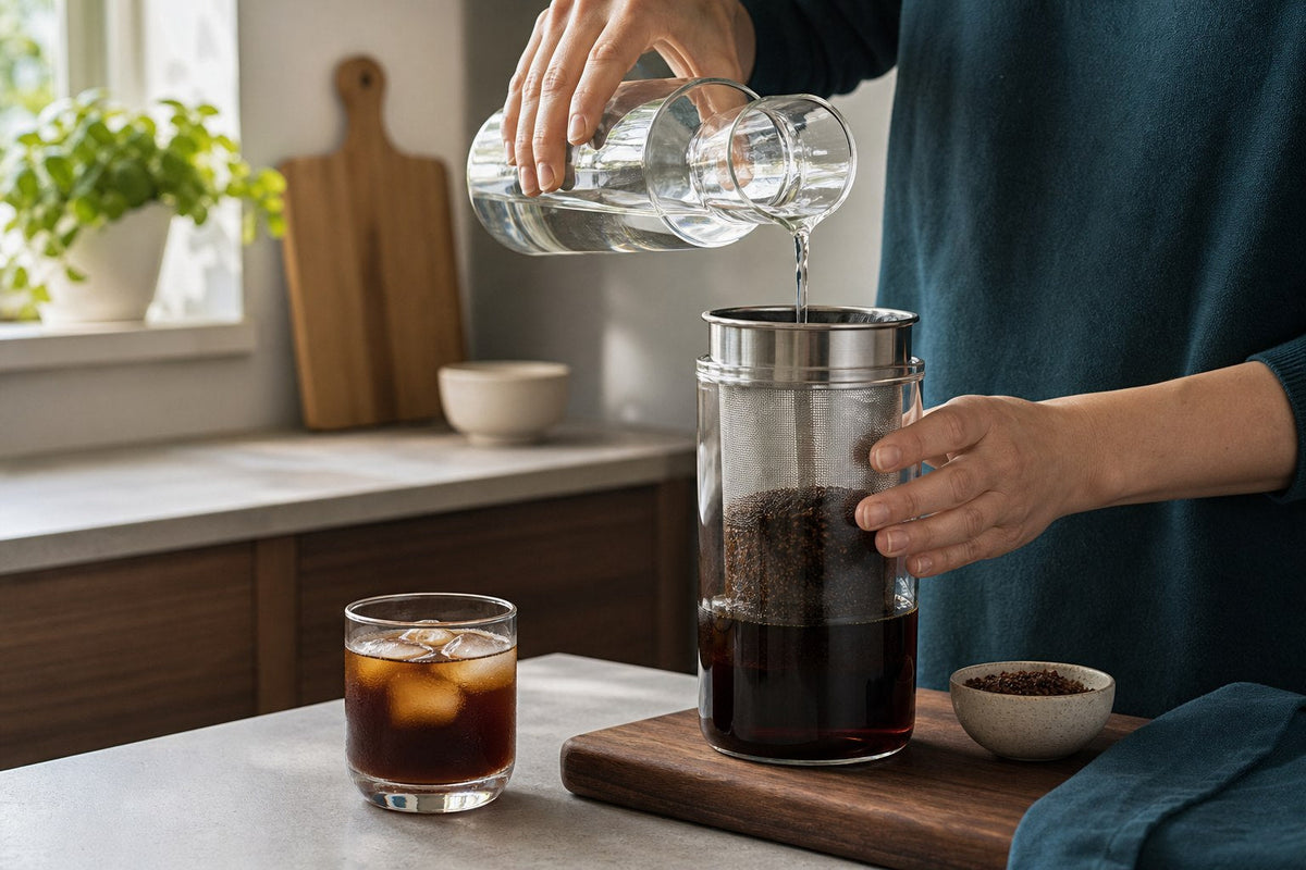 Hands preparing cold brew coffee in a glass brewer with a reusable metal filter