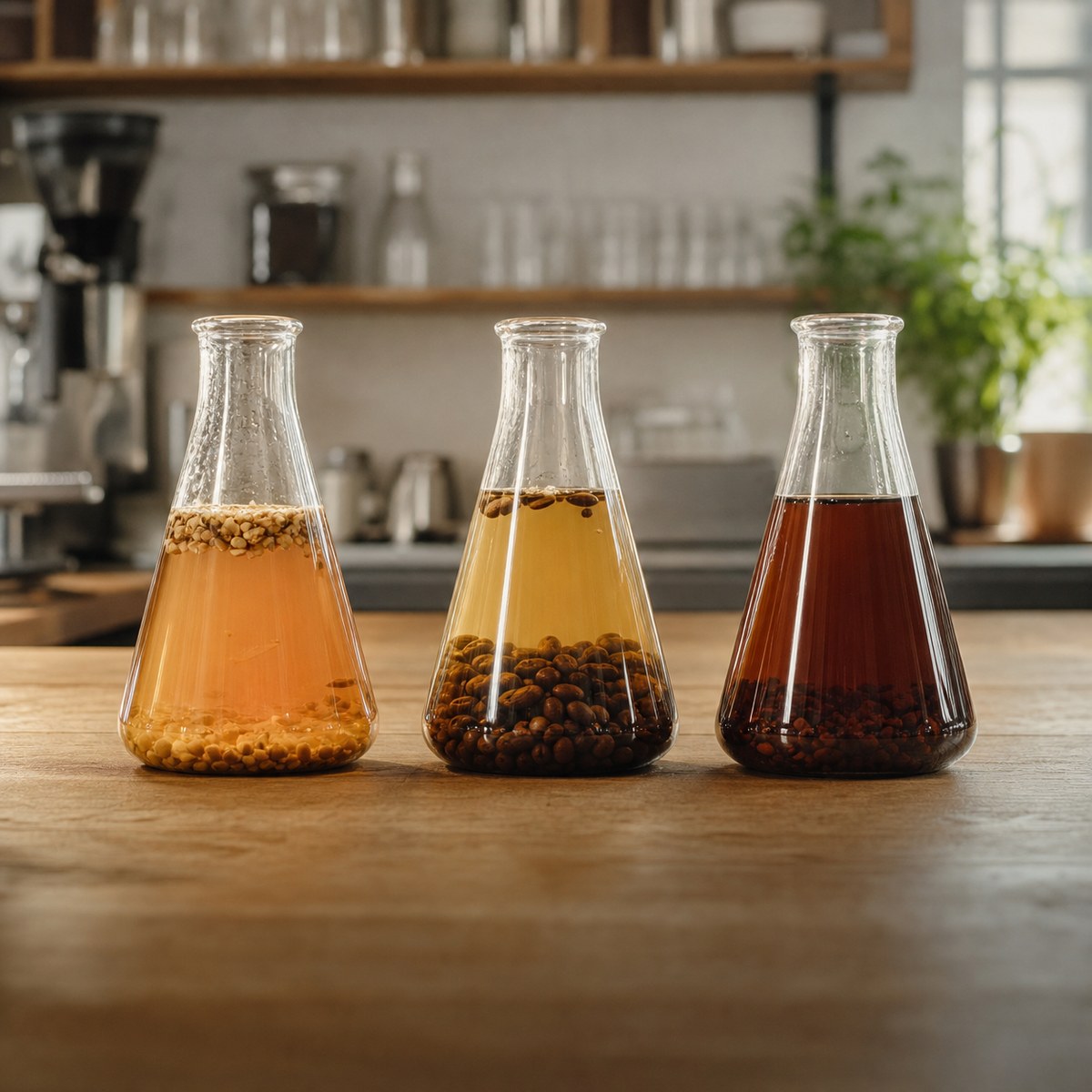 Laboratory flasks containing coffee beans and coffee extracts