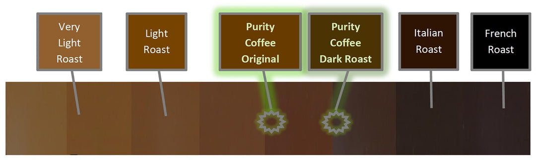 Roasted coffee beans arranged from lighter to darker roast levels