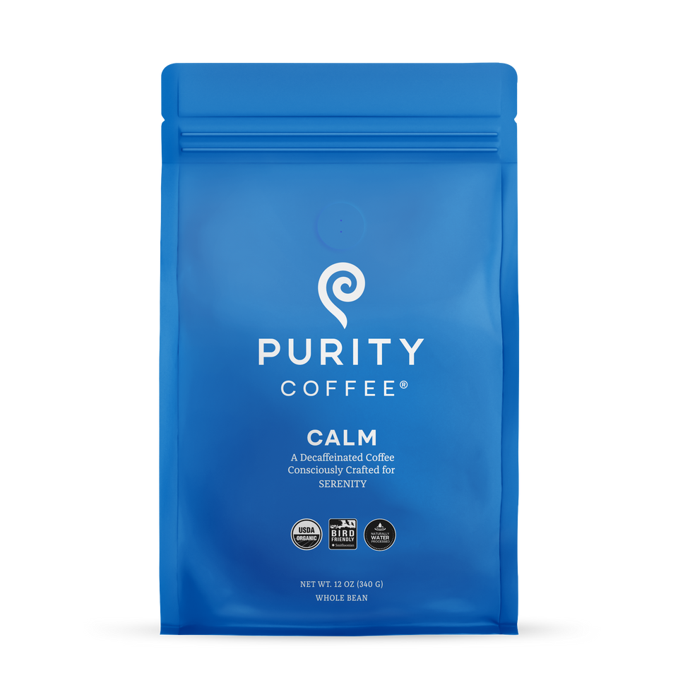 Purity Coffee CALM decaf whole bean, Pocket Purity, and pod products