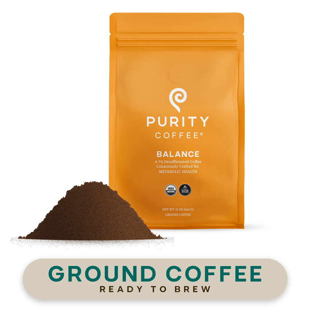 BALANCE 12 oz ground coffee bag beside a mound of ground coffee, labeled Ground Coffee, ready to brew