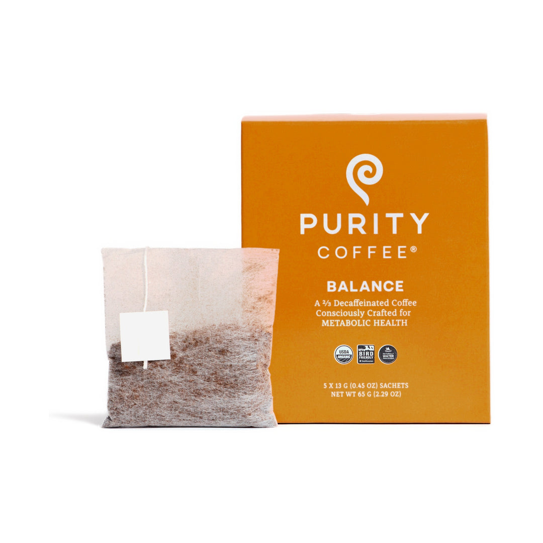 Purity Coffee BALANCE Pocket Purity box with single-serve coffee sachet on white background