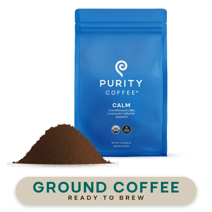 CALM 12 oz ground coffee bag beside a mound of ground coffee, labeled Ground Coffee, ready to brew