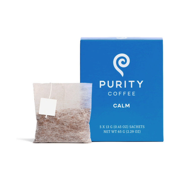 Purity Coffee CALM Pocket Purity box with single-serve coffee sachet on white background