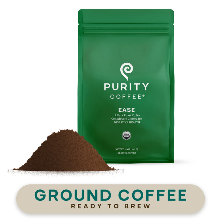 EASE 12 oz ground coffee bag beside a mound of ground coffee, labeled Ground Coffee, ready to brew