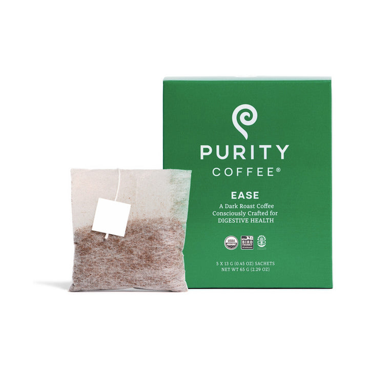 Purity Coffee EASE Pocket Purity box with single-serve coffee sachet on white background