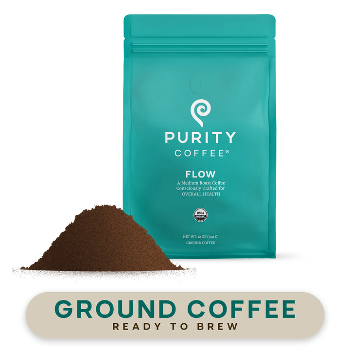 FLOW 12 oz ground coffee bag beside a mound of ground coffee, labeled Ground Coffee, ready to brew