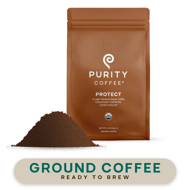 PROTECT 12 oz ground coffee bag beside a mound of ground coffee, labeled Ground Coffee, ready to brew