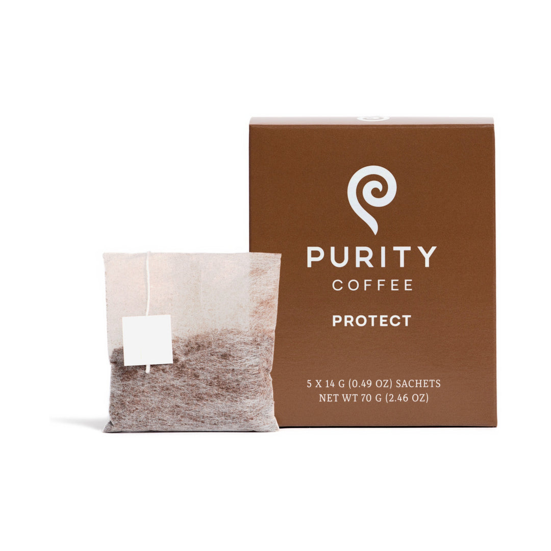 Purity Coffee PROTECT Pocket Purity box with single-serve coffee sachet on white background