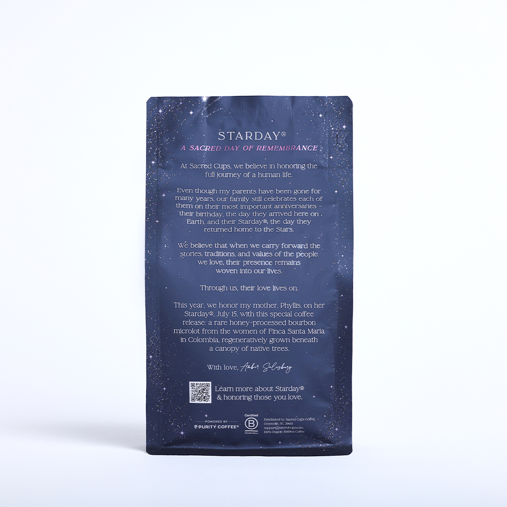 Back of Starday coffee bag by Purity Coffee showing the story and QR code for this single-origin Colombian release
