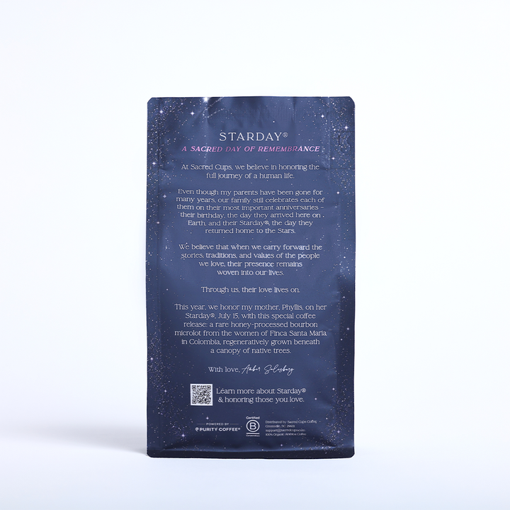 Back of Starday coffee bag by Purity Coffee showing the story and QR code for this single-origin Colombian release