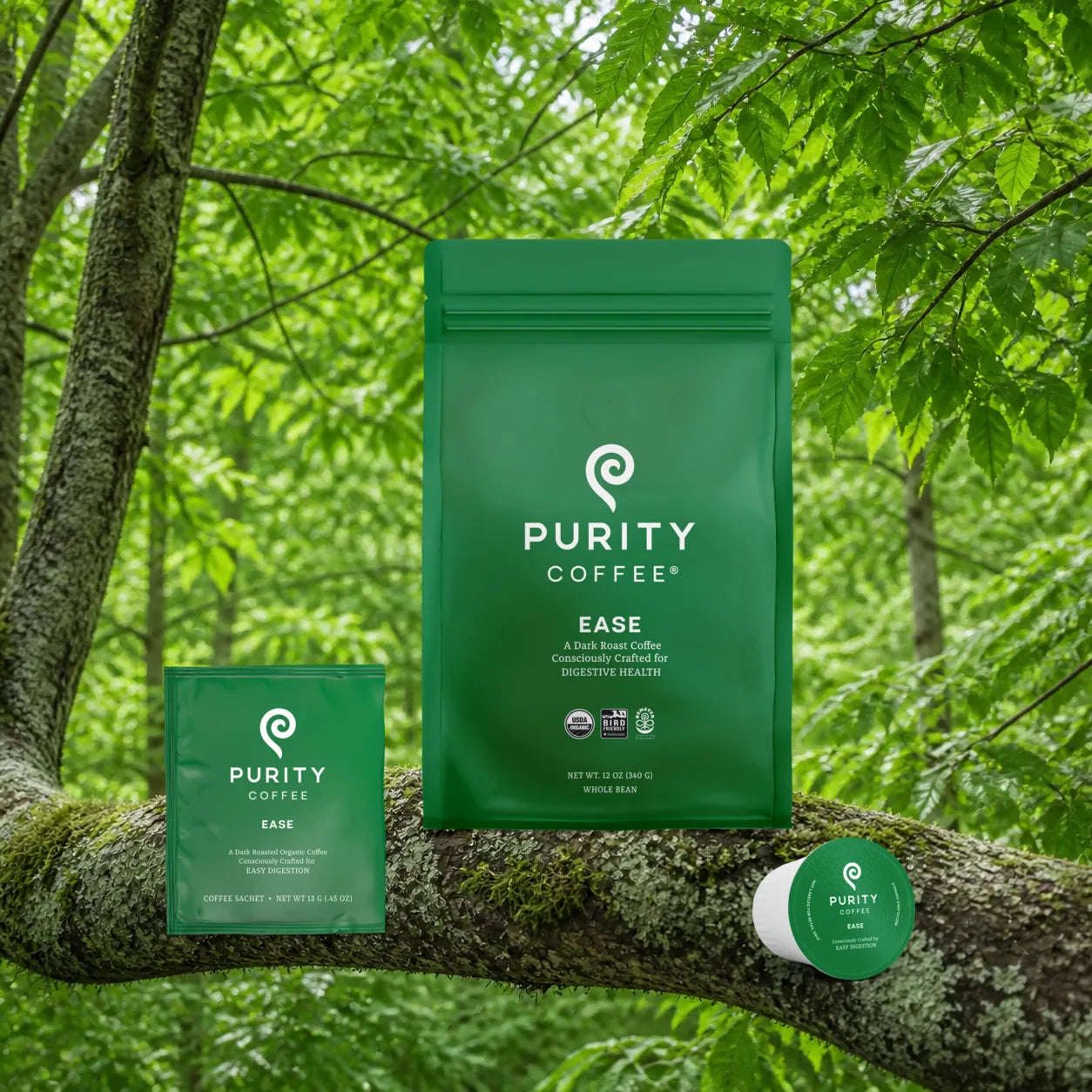Purity Coffee EASE coffee products in a green outdoor setting