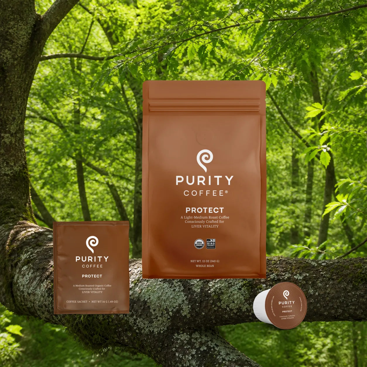 Purity Coffee PROTECT coffee products in a green outdoor setting